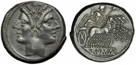 Quadrigatus (225-212 a.C.). A/ Cab. Janiforme laureada de los Dióscuros. R/ Júpiter en cuadriga conducida por Victoria a der.; debajo ROMA en relieve ...