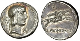 CALPURNIA. Denario. Roma (90-89 a.C.). A/ Detrás de la cabeza de Apolo, símbolo; bajo el mentón A. R/ Sobre el jinete K. FFC-306; SB-11; CRAW-408.1a. ...