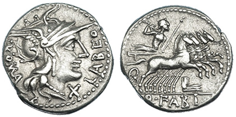 FABIA. Denario. N. de Italia (129 a.C.). A/ Cabeza de Roma a der., alrededor: X ...