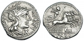 FABIA. Denario. N. de Italia (129 a.C.). A/ Cabeza de Roma a der., alrededor: X LABEO ROMA. R/ Júpiter en cuadriga a der., debajo proa; en exergo Q. F...