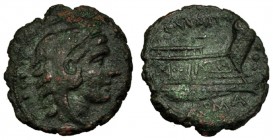 NUMITORIA. Roma (c. 133 a.C.). Quadrans. R/ C. NVMIT sobre proa, delante 3 puntos, debajo ROMA. CRAW- 246.4a. Pátina verde oscuro. MBC.