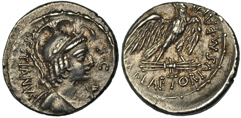 PLAETORIA. Denario. Roma (67 a.C.). A/ Busto de Vacuna; CESTIANVS SC. R/ Águila;...