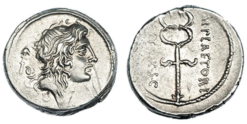 PLAETORIA. Denario. Roma (69 a.C.). A/ Cabeza de Bonus Eventus, detás símbolo. R...