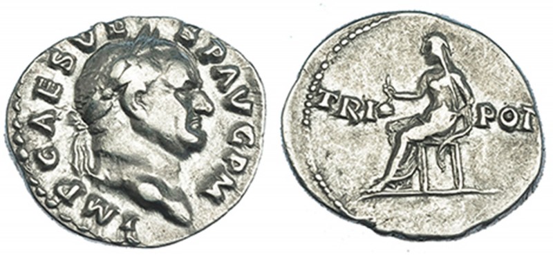 VESPASIANO. Denario. Roma (71 d.C.). A/ Busto laur. a der. R/ Vesta sentada a iz...