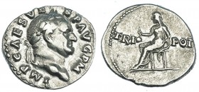 VESPASIANO. Denario. Roma (71 d.C.). A/ Busto laur. a der. R/ Vesta sentada a izq. con símpulo; TRI . POT. RIC-37. CH-561. MBC +.