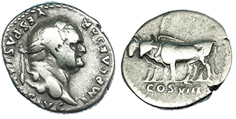 VESPASIANO. Denario. Roma (77-78 d.C.). A/ Busto laur. a der. R/ Dos bueyes a iz...