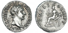 TRAJANO. Denario. Roma (100 d.C.). A/ Busto laureado a der. R/ Abundantia sentada a izq. con cetro; P.M. TR. P. COS III P.P. RIC-32. CH-219. MBC+.