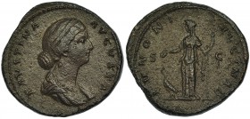FAUSTINA LA MENOR (esposa de Marco Aurelio). Sestercio. Roma (156-161). A/ Busto drapeado a der.; FAVSTINA-AVGVSTA. R/ Juno a izq.; delante pavo; IVNO...