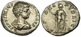 GETA. Denario. Roma (c. 198-200). A/ Busto drapeado a der.; L. SEPTIMIVS GETA AVG. R/ Spes a izq. con flor; SPES PVBLICA. RIC-4b. EBC-/MBC+.