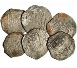 Lote de 6 piezas de 2 reales de Felipe II y Felipe III peninsulares, pocos datos visibles. Calidad media MBC-.
