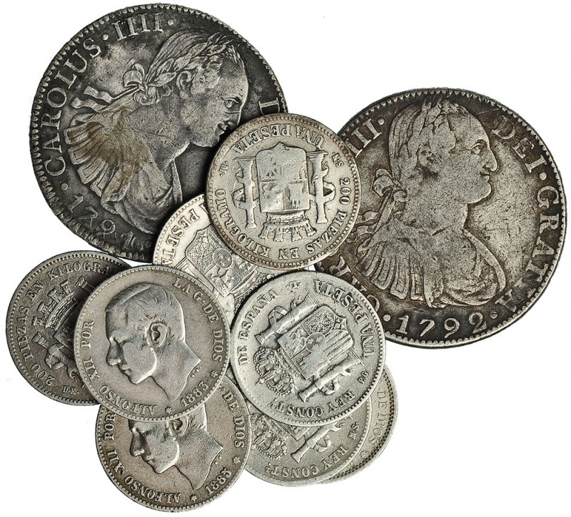 Lote 12 piezas: 2 monedas de 8 reales Carlos IV, México (1791 y 1792); 10 moneda...