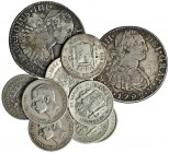 Lote 12 piezas: 2 monedas de 8 reales Carlos IV, México (1791 y 1792); 10 monedas de 1 pta.: Gobierno Provisional (2: 1869, 1870); Alfonso XII (4: 188...