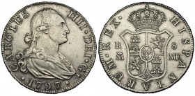 8 reales. 1797. Madrid. FM. VI-774. Pequeñas marcas. MBC/MBC+. Escasa.