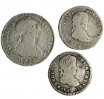 Lote de 3 piezas: 1 real 1820 AG, 1 real 1821 AZ sobre RG y 2 reales 1788 Sevilla C. Calidad media. BC.