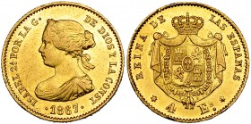 4 escudos. 1867. Madrid. VI-572. Golpecitos en gráfila. EBC-/EBC.