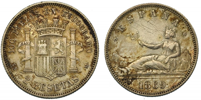 2 Pesetas. 1869 *18-69. Madrid. SNM. VII-16. Rayitas. MBC/MBC-.