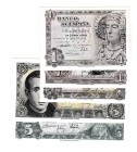 BANCO DE ESPAÑA. Lotes de 5 billetes: 1 pta. (3: 1949, 1951 y 1953) y 5 ptas (2: 1951 y 1954, sin serie). SC.
