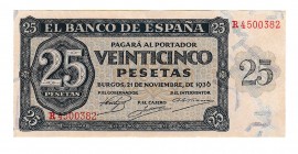 BANCO DE ESPAÑA. 25 ptas. 11-1936. Serie R. ED- D 20a. EBC+.