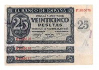BANCO DE ESPAÑA. 25 ptas. 11-1936. Serie F. ED-D20a. Esquinas dañadas. EBC+.