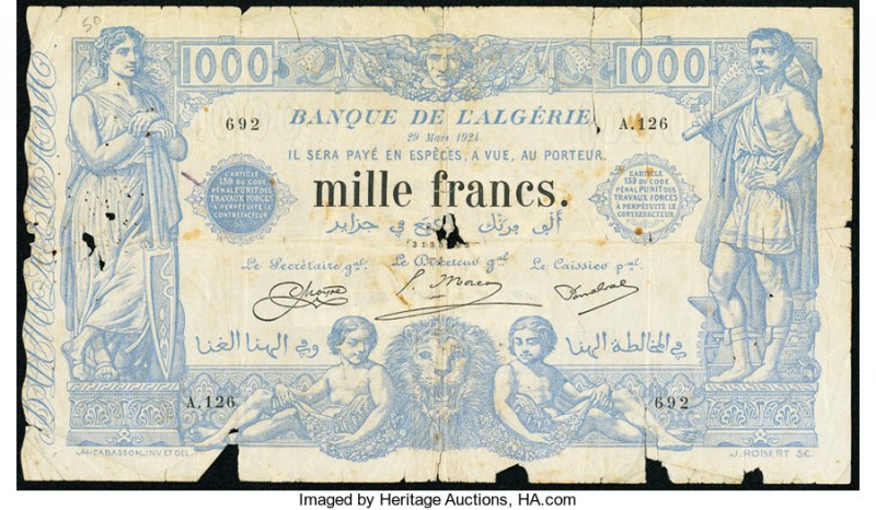 Algeria Banque de l'Algerie 1000 Francs 29.3.1924 Pick 76b Good. 

HID0980124201...