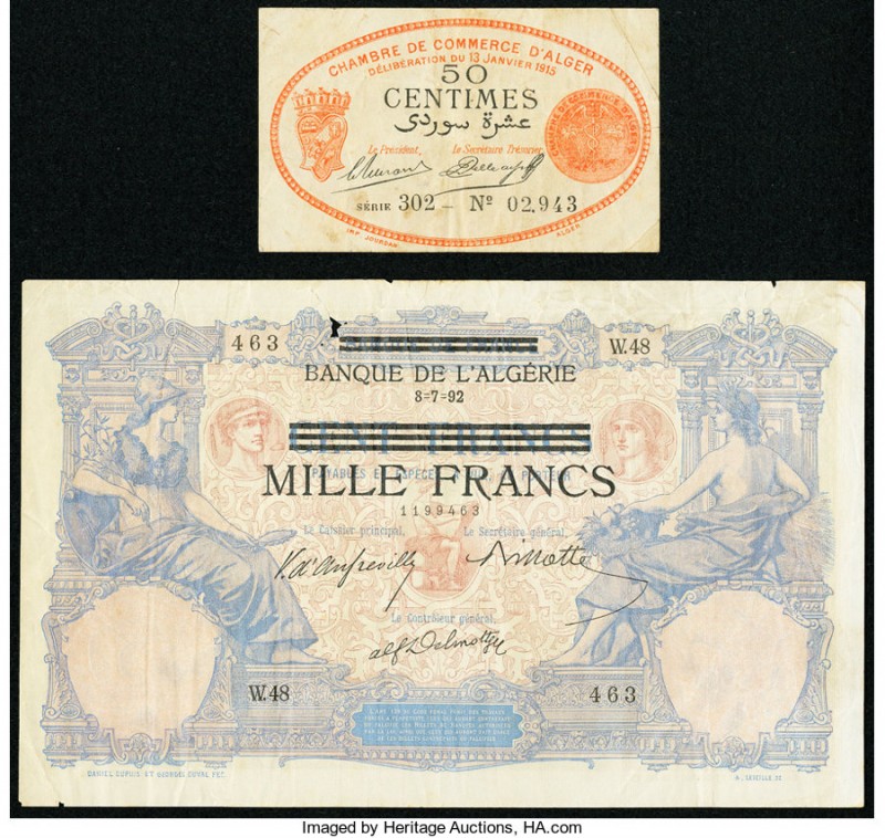 A Pair of Early Notes from Algeria. Very Good. The 1,000 Franc note has a tear.
...