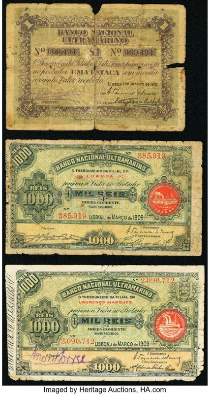 Angola Banco Nacional Ultramarino 1000 Reis 1909 Pick 27; Mozambique Banco Nacio...