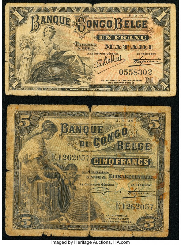 Belgian Congo Banque du Congo Belge 1 Franc 1914 Pick 3B; 5 Francs 1924 Pick 4 F...