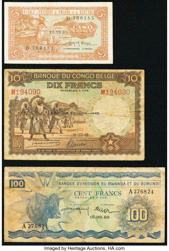 Belgian Congo Banque du Congo Belge 10 Francs 10.7.1942 Pick 14Ba Fine; Rwanda-B...
