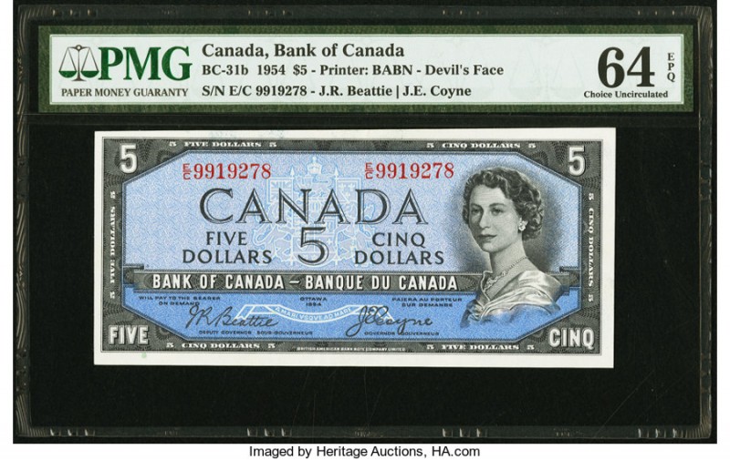 Canada Bank of Canada $5 1954 BC-31b Devil's Face PMG Choice Uncirculated 64 EPQ...