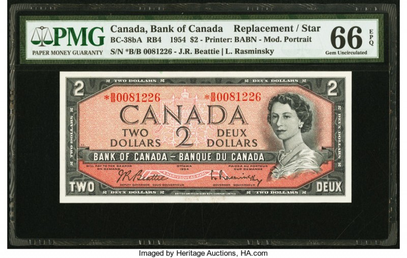 Canada Bank of Canada $2 1954 BC-38bA RB4 Replacement PMG Gem Uncirculated 66 EP...