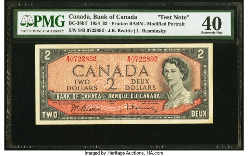 Canada Bank of Canada $2 1954 BC-38bT Test Note PMG Extremely Fine 40. S/R Prefi...