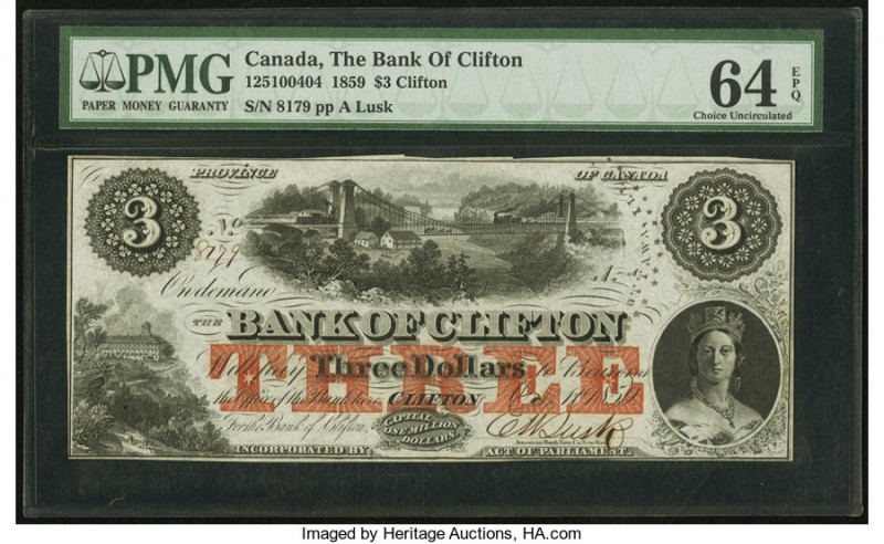 Canada Clifton, PC- Bank of Clifton $3 1.10.1859 Ch.#125-10-04-04 PMG Choice Unc...