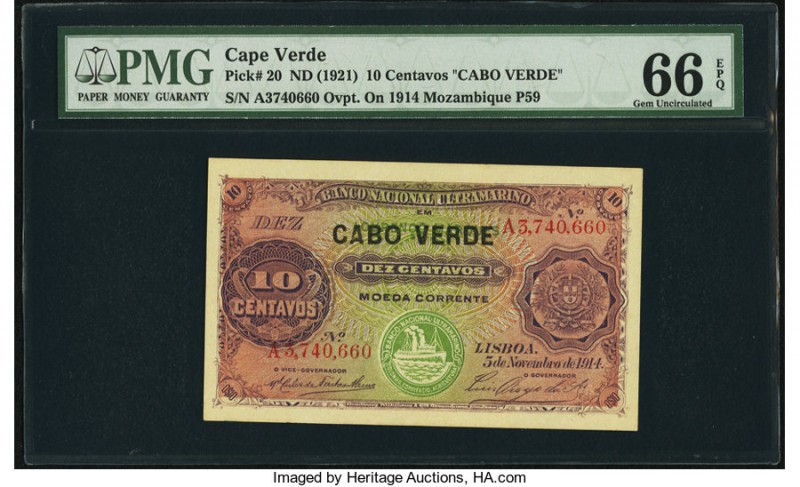 Cape Verde Banco Nacional Ultramarino 10 Centavos 5.11.1914 (ND 1921) Pick 20 PM...