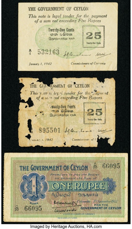 Ceylon Government of Ceylon 1 Rupee 1922 Pick 16a; 25 Cents 1942 Pick 40, Two Ex...