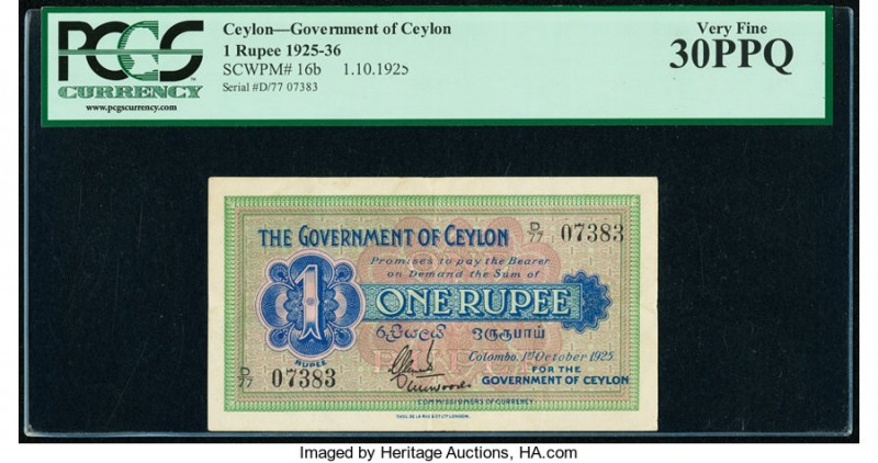 Ceylon Government of Ceylon 1 Rupee 1.10.1925 Pick 16b PCGS Very Fine 30PPQ. 

H...