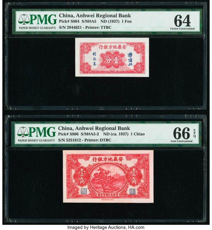 China Anhwei Regional Bank 1 Fen; 1 Chiao ND (1937); ND (ca. 1937) Pick S804; S8...