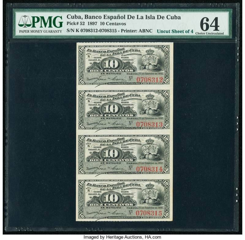 Cuba Banco Espanol De La Isla De Cuba 10 Centavos 15.2.1897 Pick 52 Uncut Sheet ...