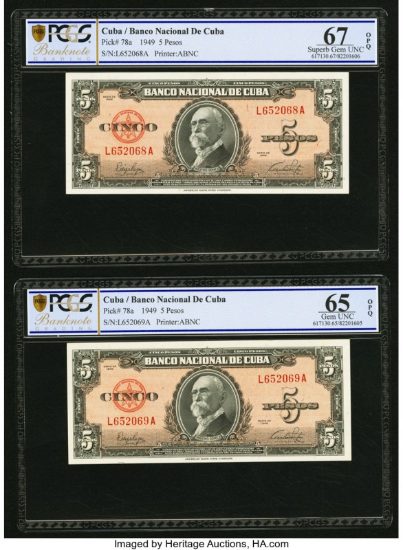Cuba Banco Nacional de Cuba 5 Pesos 1949 Pick 78a (2); 78s1 Two Consecutive Issu...