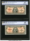 Cuba Banco Nacional de Cuba 5 Pesos 1949 Pick 78a (2); 78s1 Two Consecutive Issued Notes and One Specimen PCGS Banknote Grading Superb Gem UNC 67 OPQ;...