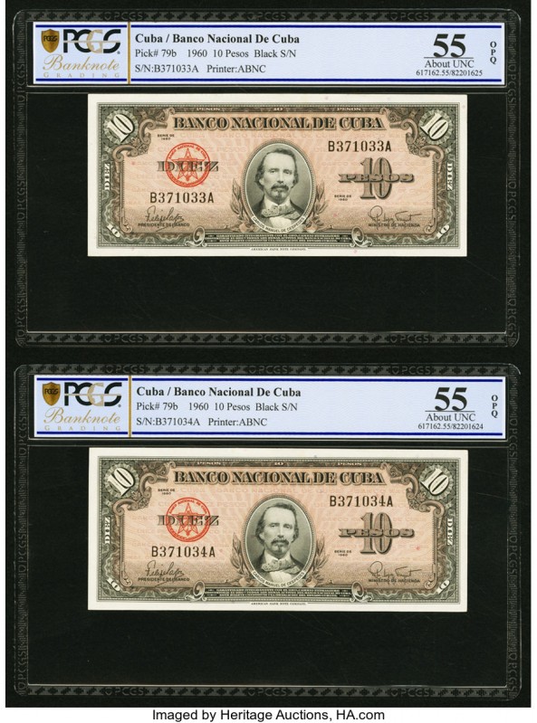 Cuba Banco Nacional de Cuba 10 Pesos 1960 Pick 79b Three Consecutive Examples PC...