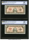 Cuba Banco Nacional de Cuba 10 Pesos 1960 Pick 79b Three Consecutive Examples PCGS Banknote Grading About UNC 55 OPQ (2); Choice AU 58 OPQ. 

HID09801...