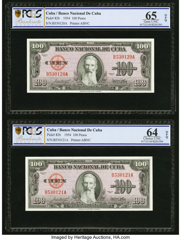 Cuba Banco Nacional de Cuba 100 Pesos 1954 Pick 82b (2); 82s2 Two Consecutive No...