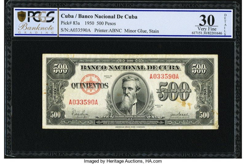 Cuba Banco Nacional de Cuba 500 Pesos 1950 Pick 83a PCGS Banknote Grading Very F...