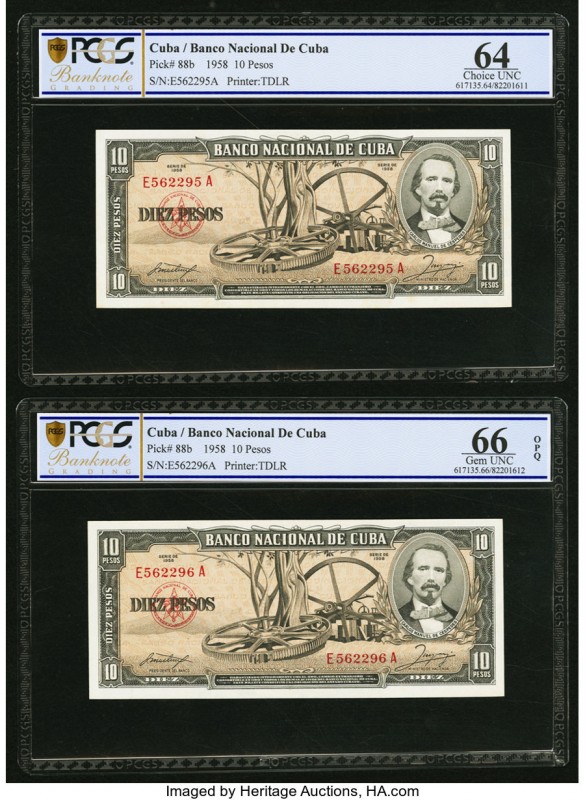 Cuba Banco Nacional de Cuba 10 Pesos 1958 Pick 88b (2); 88s2 Two Consecutive Iss...