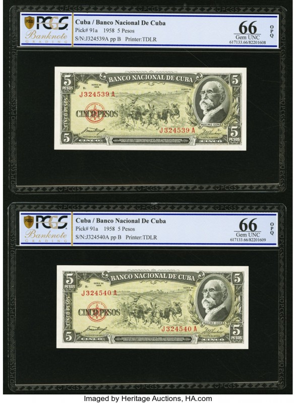 Cuba Banco Nacional de Cuba 5 Pesos 1958 Pick 91a (2); 91s1 Two Consecutive Issu...