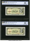 Cuba Banco Nacional de Cuba 5 Pesos 1958 Pick 91a (2); 91s1 Two Consecutive Issued Notes and One Specimen PCGS Banknote Grading Gem UNC 66 OPQ (2); Su...