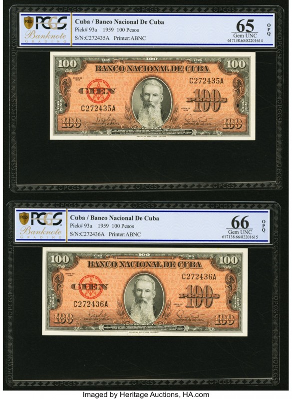 Cuba Banco Nacional de Cuba 100 Pesos 1959 Pick 93a (2); 93s1 Two Consecutive Is...