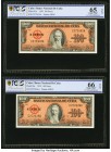 Cuba Banco Nacional de Cuba 100 Pesos 1959 Pick 93a (2); 93s1 Two Consecutive Issued Notes and One Specimen PCGS Banknote Grading Gem UNC 65 OPQ; Gem ...