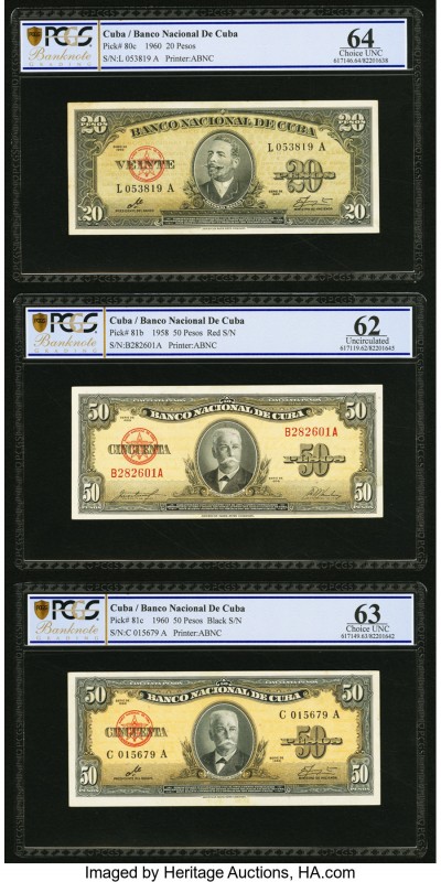 Cuba Group Lot of Six Graded Notes. 20 Pesos 1960 Pick 80c PCGS Banknote Grading...