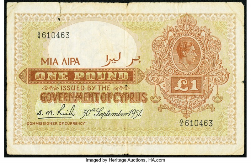 Cyprus Government of Cyprus 1 Pound 30.9.1951 Pick 24 Fine-Very Fine. Edge and i...